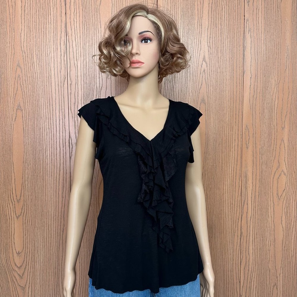 Women IZ Byer Black Top with front laced ruffle detail - Size L
